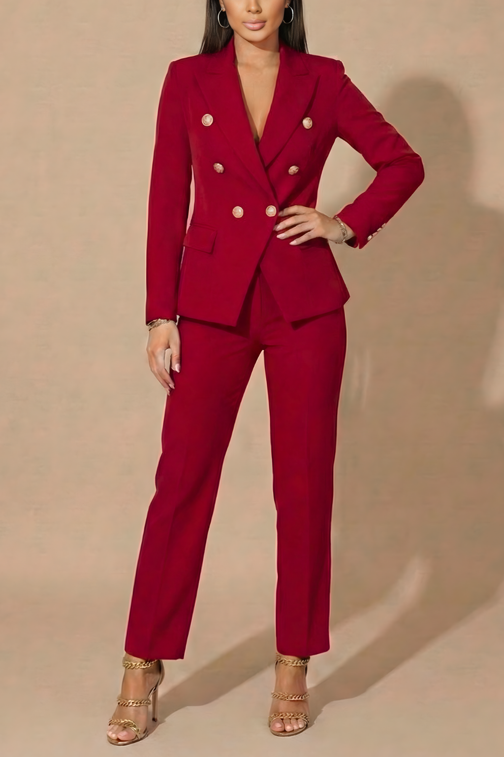 Women's Pant Suit Set - Double Breasted Blazer and Wide-Leg Pants