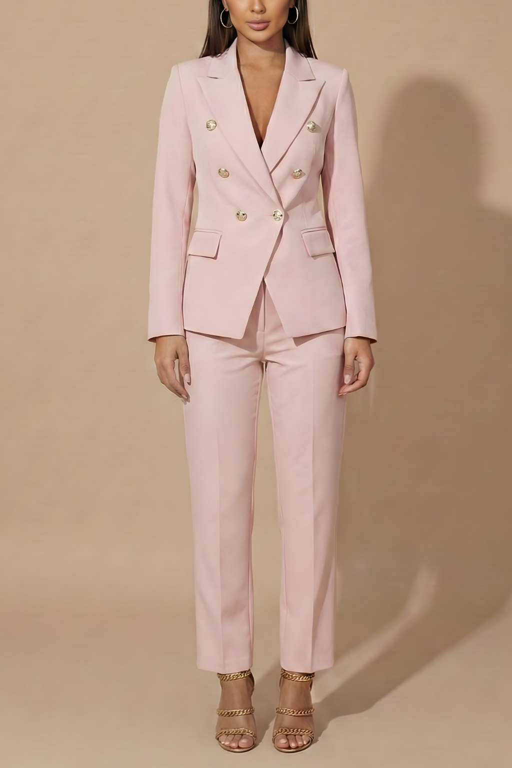 Women's Pant Suit Set - Double Breasted Blazer and Wide-Leg Pants