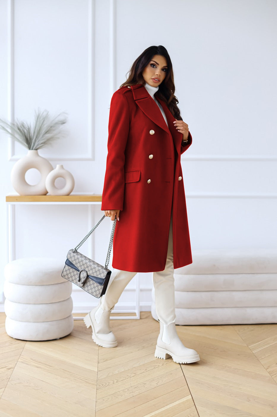 Women's Longline Double Breasted Coat - Notched Lapel - Gold Button - Side Slit