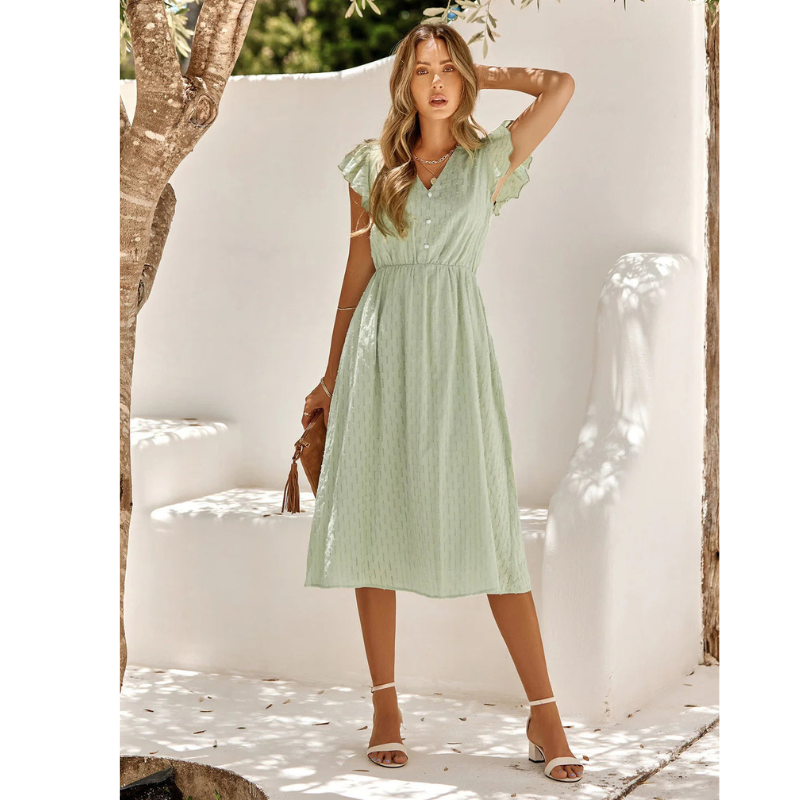 Women's A-Line Midi Dress - V-Neck Flutter Sleeve Button Front