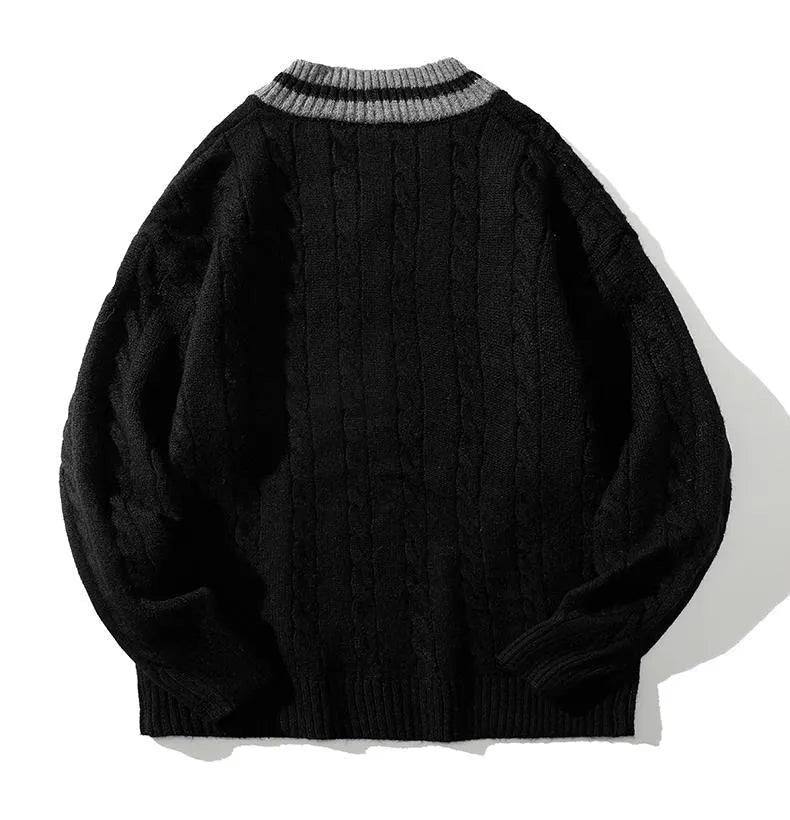 Men's Cable Knit Sweater - V-Neck Pullover with Contrast Stripe Tipping Detail
