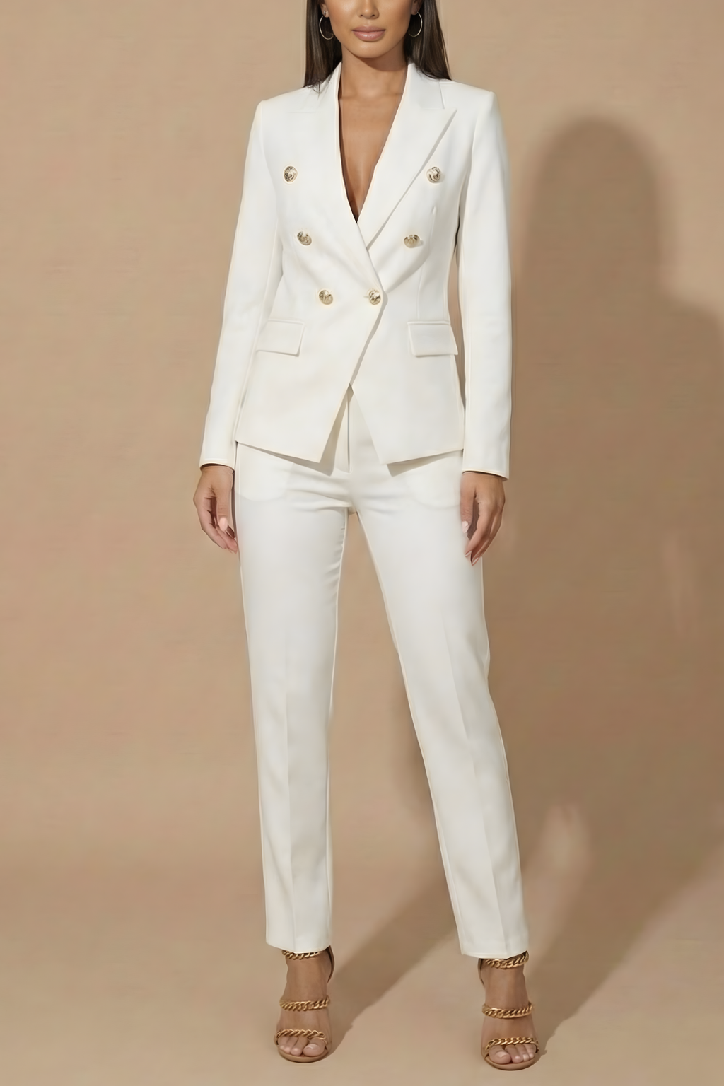 Women's Pant Suit Set - Double Breasted Blazer and Wide-Leg Pants