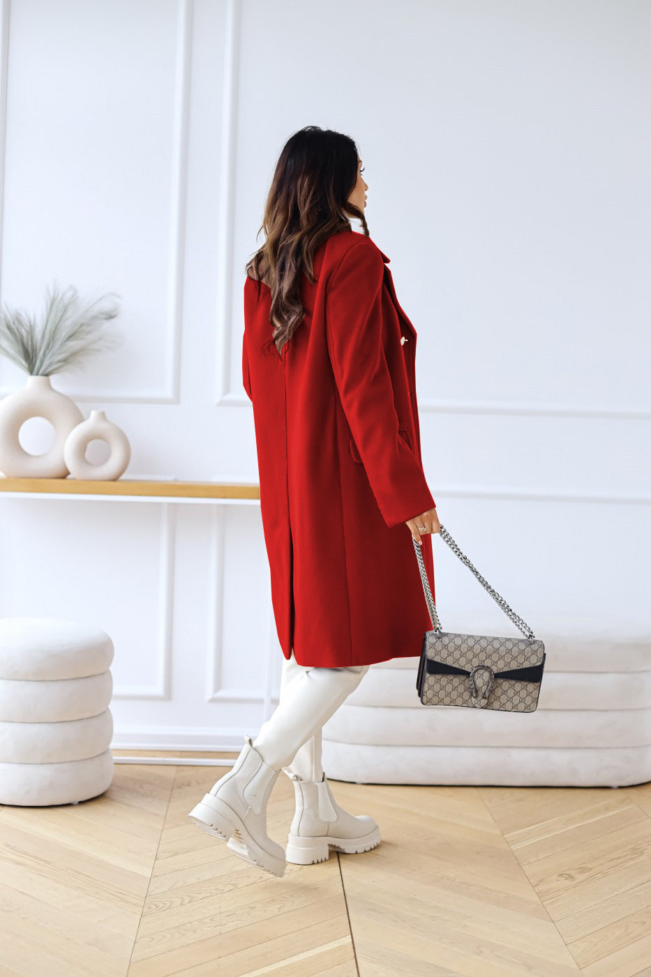 Women's Longline Double Breasted Coat - Notched Lapel - Gold Button - Side Slit