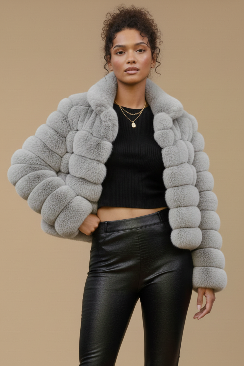 Women’s Short Faux Fur Jacket – Cropped Padded Coat with Stand Collar and Open Front