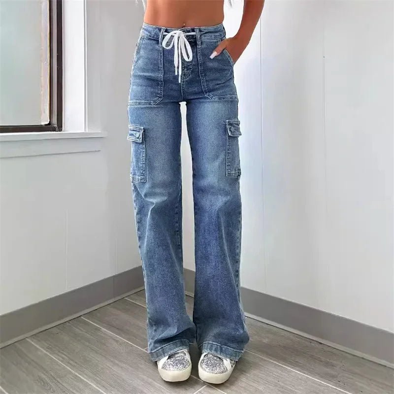 Women's Wide Leg Cargo Jeans - High Waist Drawstring with Flap Thigh Pockets