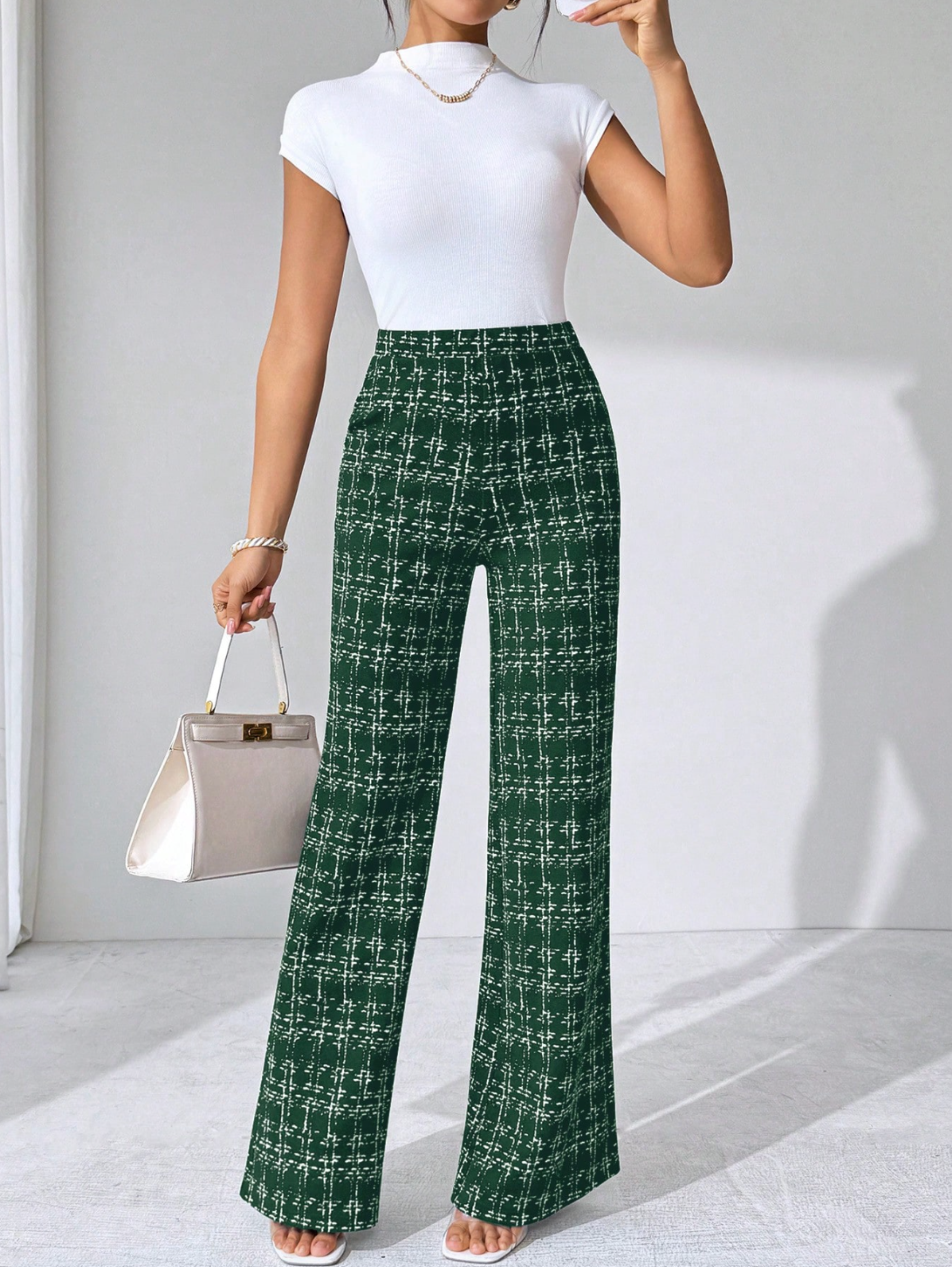 Women's Plaid Wide Leg Pants - High Waist Full Length Pull On