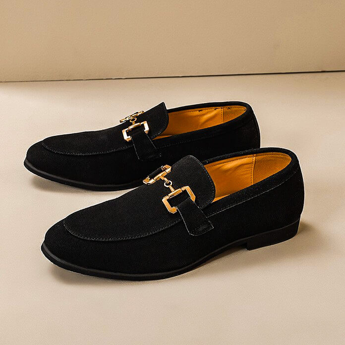 Men's Penny Loafers - Suede Slip On Shoe with Gold Horsebit Chain Detail