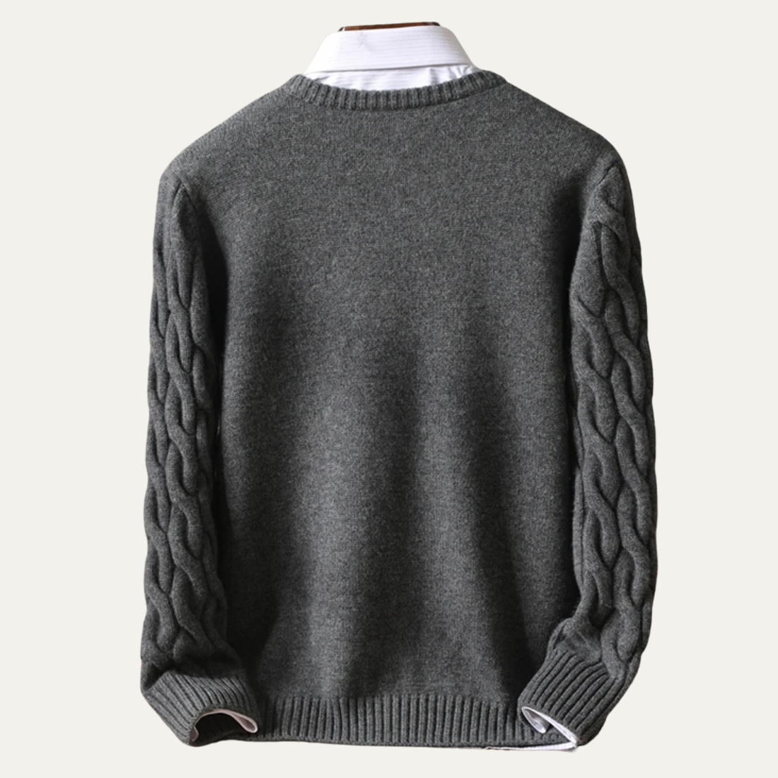 Men's Merino Wool Jumper - Cable Knit Crew Neck Pullover with Ribbed Cuffs and Hem