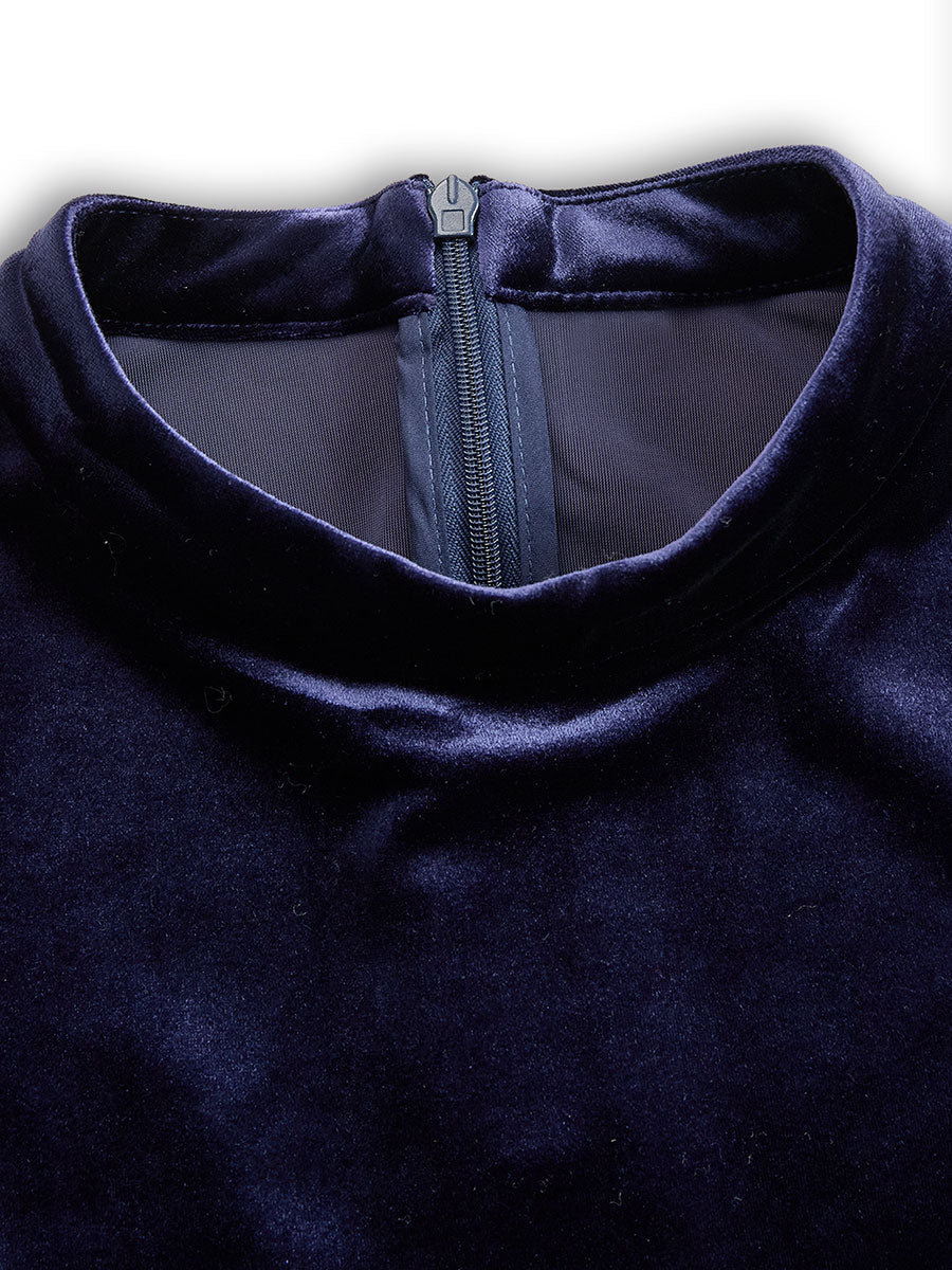 Women's Velvet Midi Dress - High Neck Long Sleeve A-Line with Puff Shoulders and Back Zip