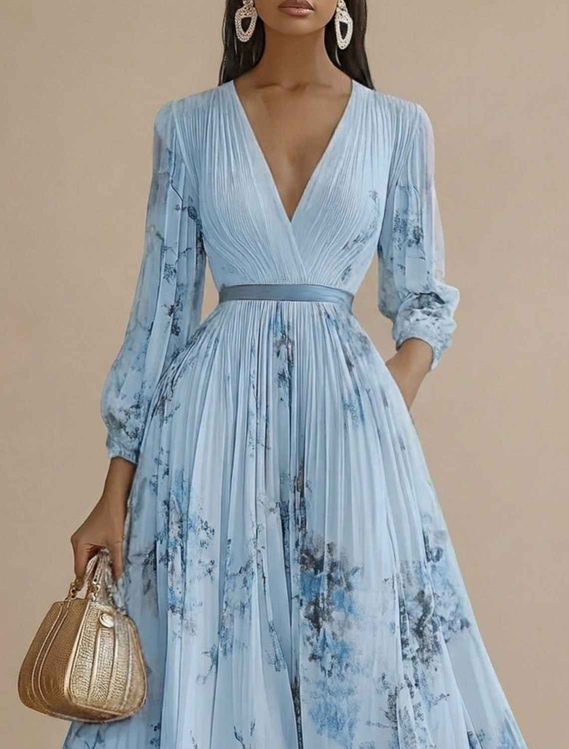 Women's Floral Maxi Dress - Long Sleeve V-Neck Pleated A-Line Skirt