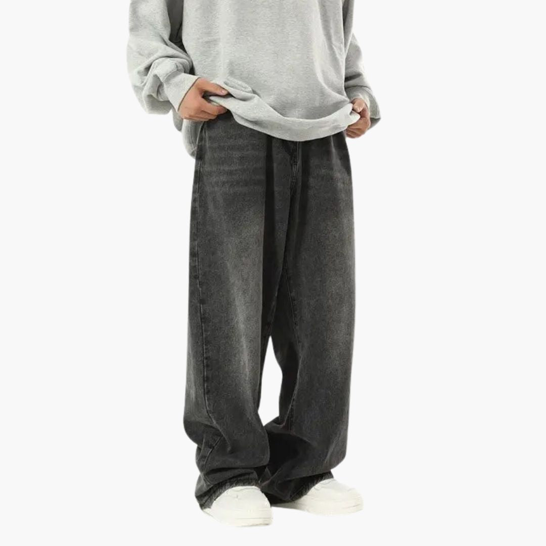 Men's Wide Leg Denim Pants - Baggy Fit with Elasticated Waist and Washed Finish