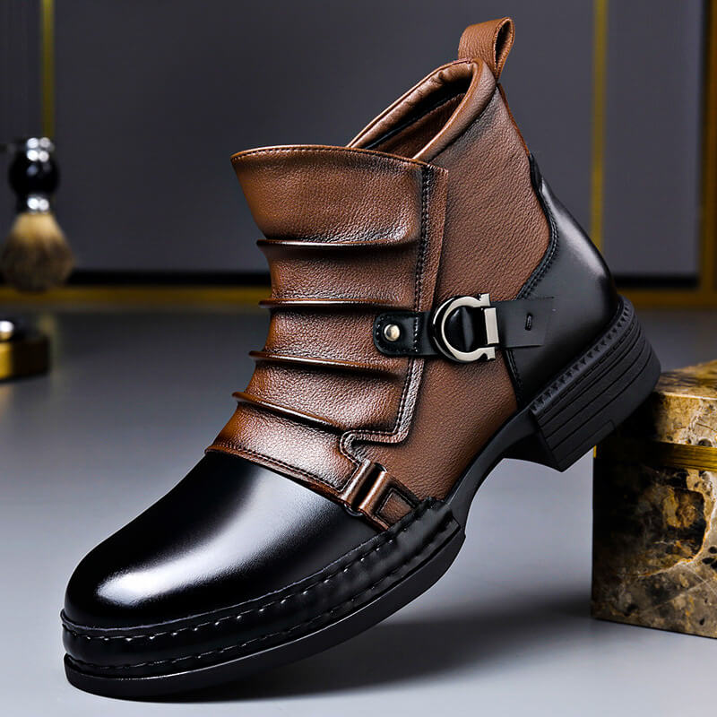 Men's Dress Boots - Two-Tone Ankle Boot with Buckle Strap and Stacked Heel