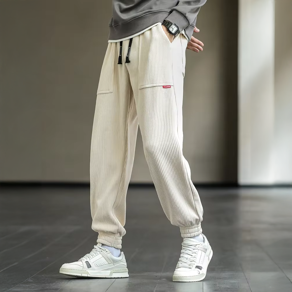 Men's Cargo Pants - Ribbed Jogger with Elasticated Waist - Patch Pockets and Cuffed Ankles