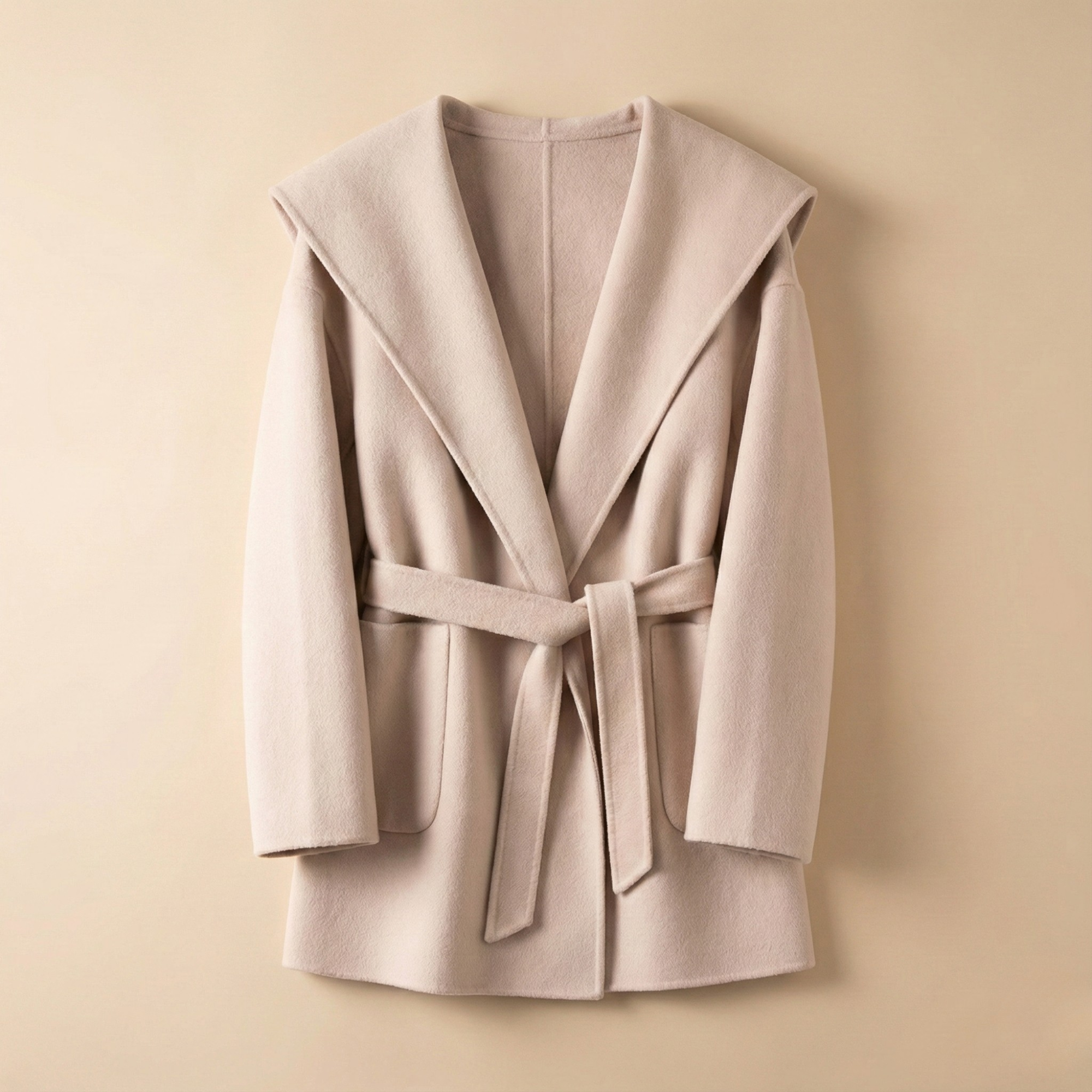 Women’s Belted Wrap Wool Coat with Notched Lapel Collar and Patch Pockets