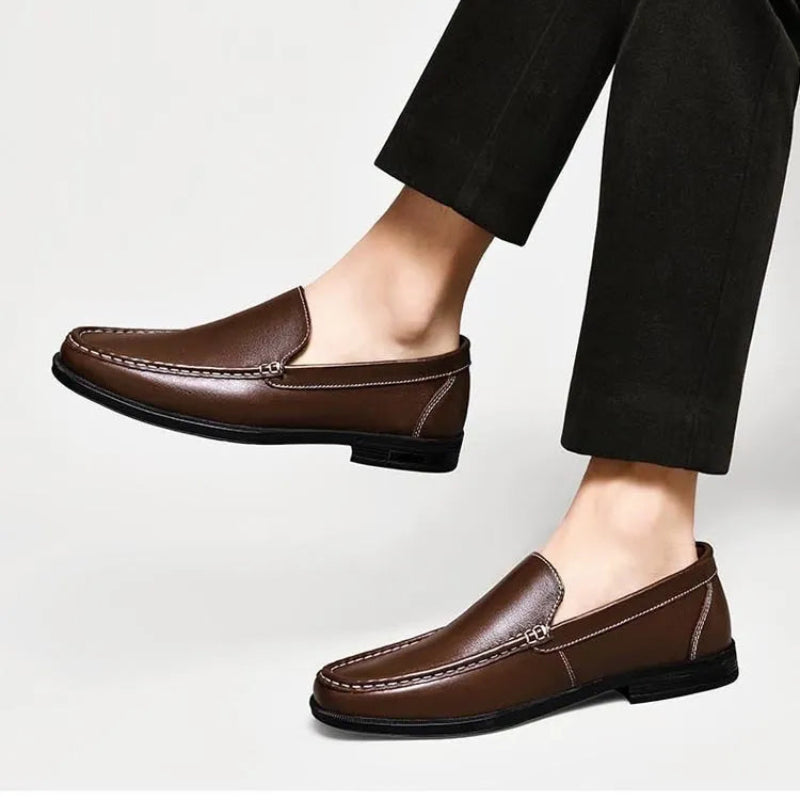 Men's Soft Cowhide Leather Slip-On Loafers with Topstitching - Low Block Heel - Smart Casual Style