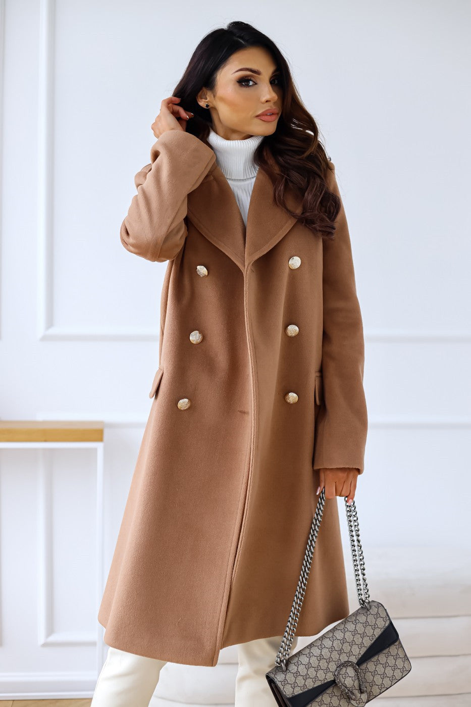 Women's Longline Double Breasted Coat - Notched Lapel - Gold Button - Side Slit