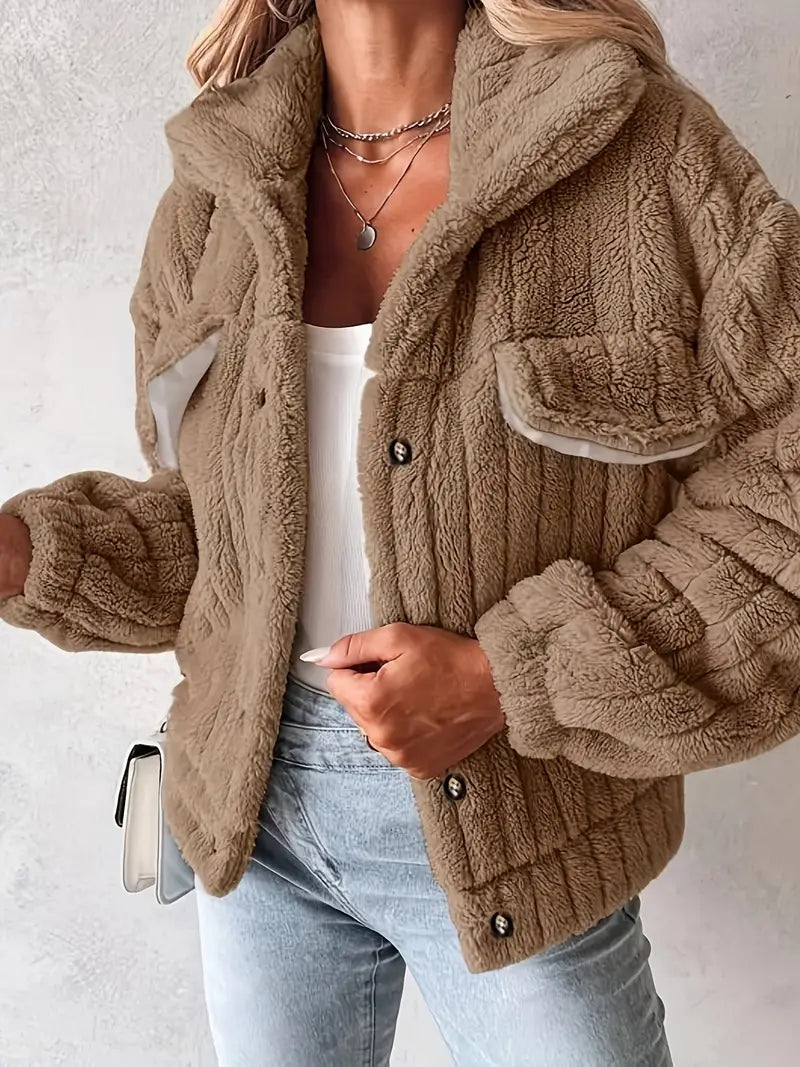 Women's Faux Fur Coat - Cropped Open Front Teddy Fleece with Chest Pockets