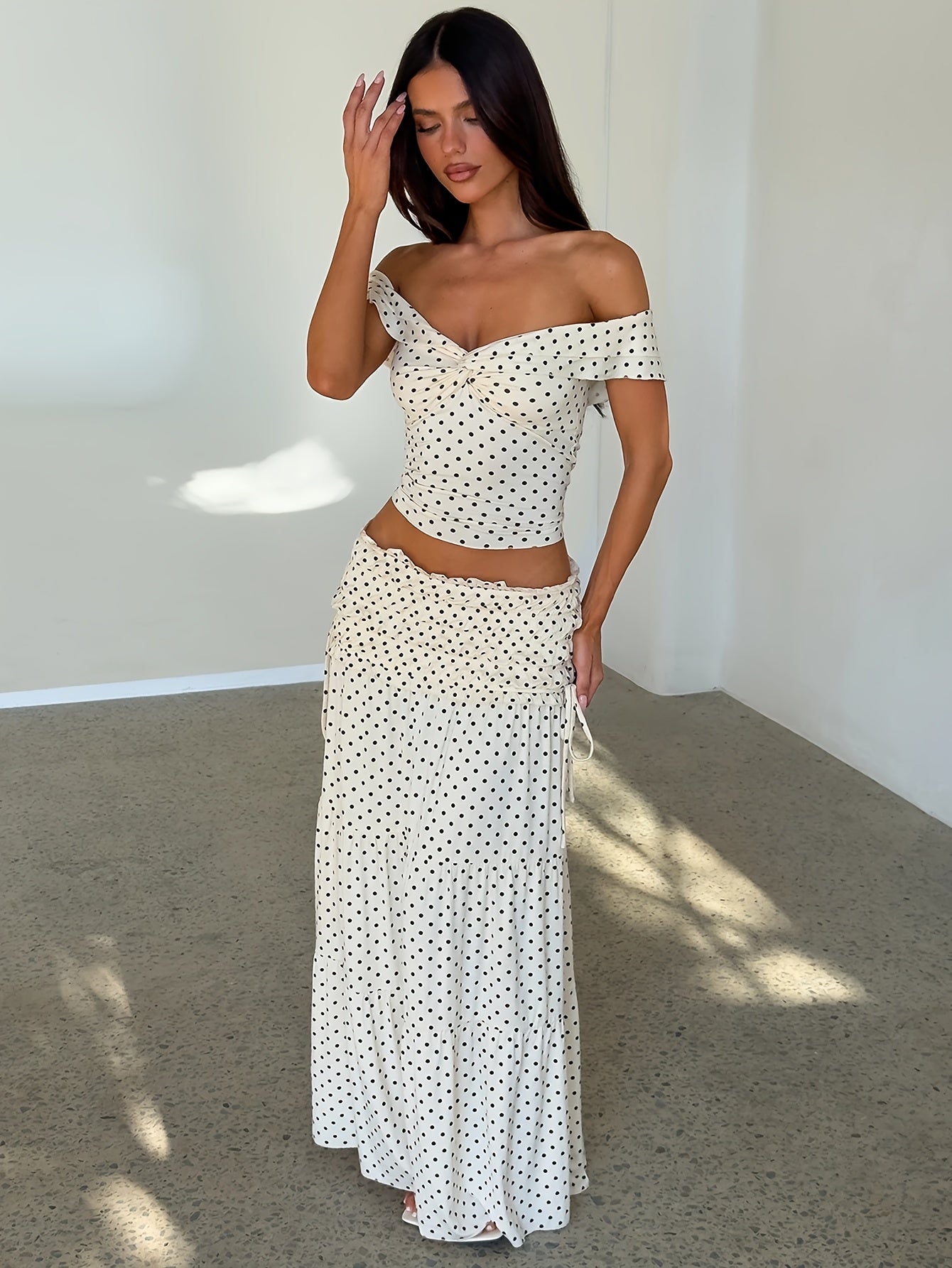 Women's Two Piece Set - Off Shoulder Crop Top and Polka Dot Maxi Skirt