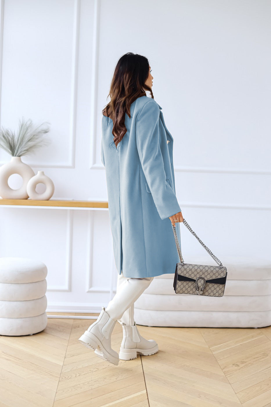 Women's Longline Double Breasted Coat - Notched Lapel - Gold Button - Side Slit