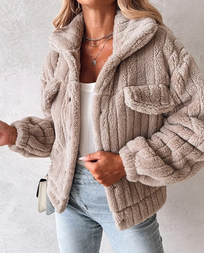 Women's Faux Fur Coat - Cropped Open Front Teddy Fleece with Chest Pockets