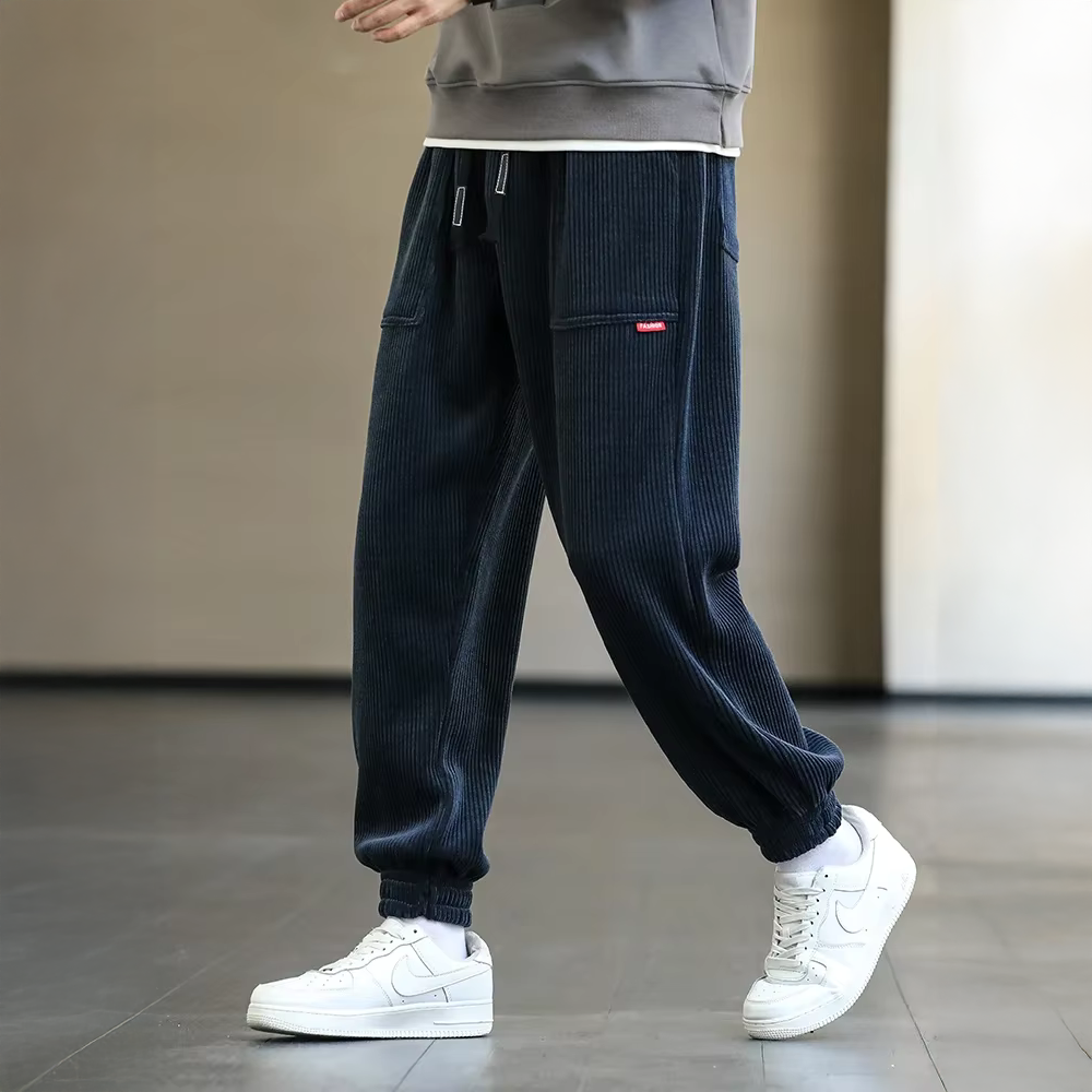 Men's Cargo Pants - Ribbed Jogger with Elasticated Waist - Patch Pockets and Cuffed Ankles