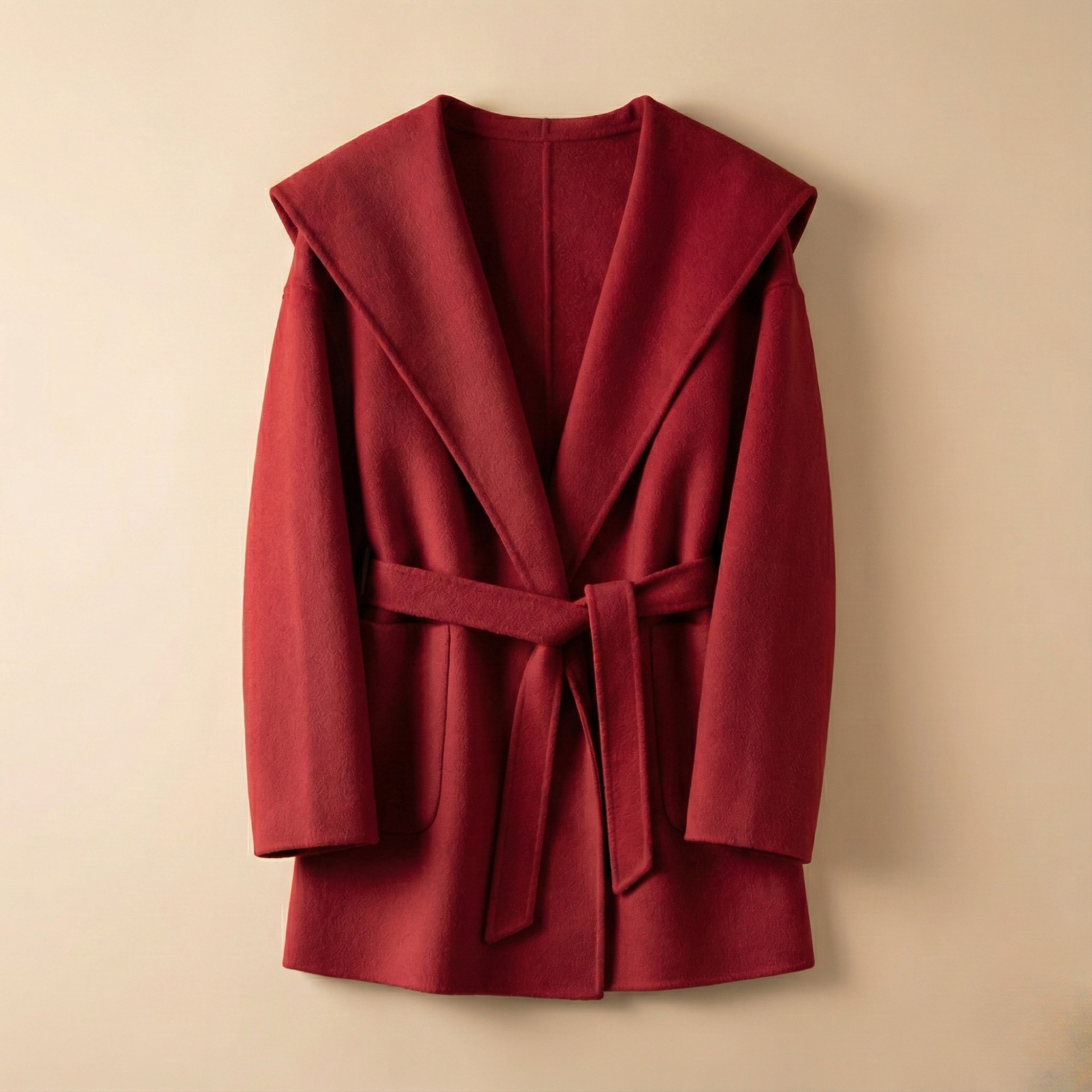 Women’s Belted Wrap Wool Coat with Notched Lapel Collar and Patch Pockets