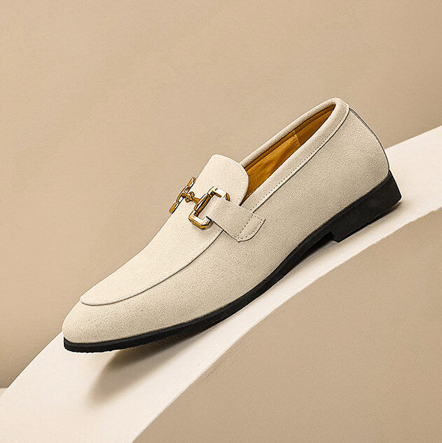 Men's Penny Loafers - Suede Slip On Shoe with Gold Horsebit Chain Detail