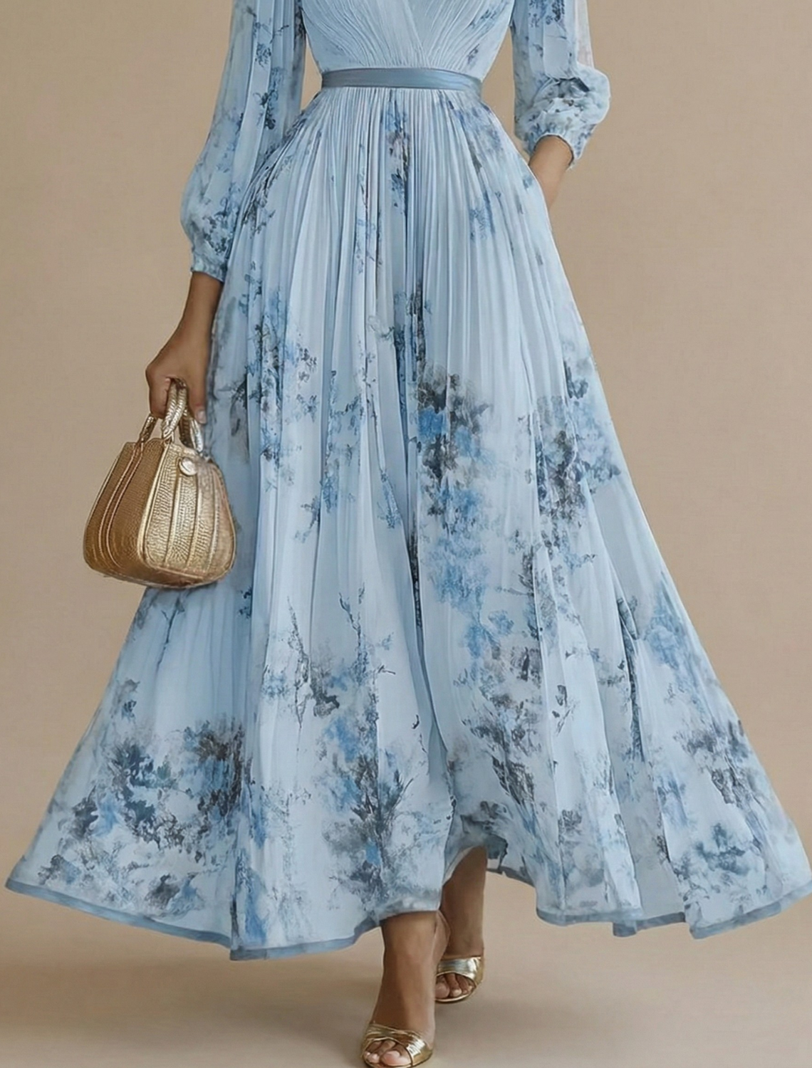 Women's Floral Maxi Dress - Long Sleeve V-Neck Pleated A-Line Skirt