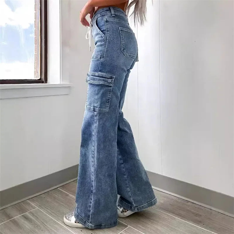 Women's Wide Leg Cargo Jeans - High Waist Drawstring with Flap Thigh Pockets