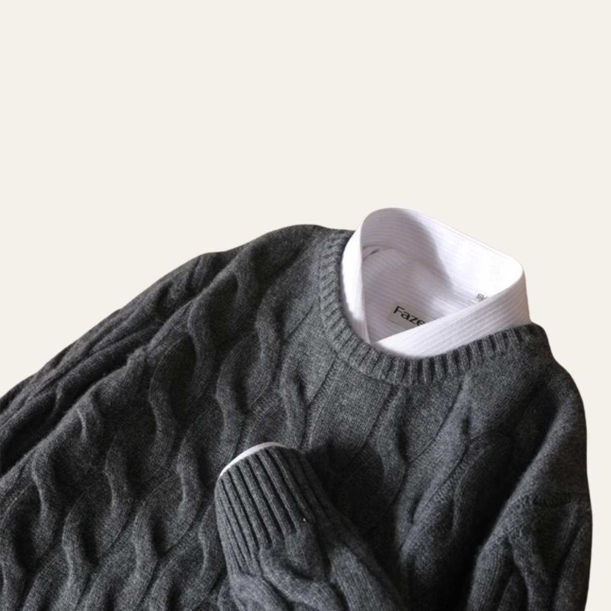 Men's Merino Wool Jumper - Cable Knit Crew Neck Pullover with Ribbed Cuffs and Hem