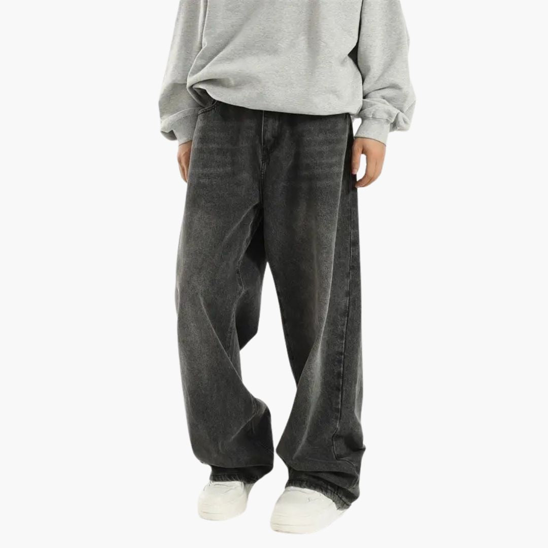 Men's Wide Leg Denim Pants - Baggy Fit with Elasticated Waist and Washed Finish