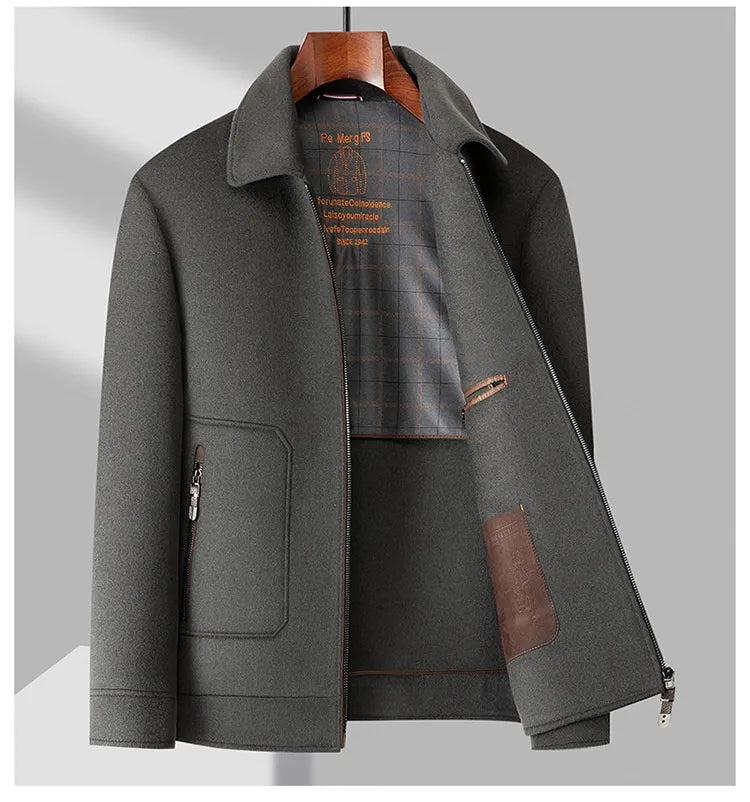 Men’s Pure Wool Tailored Zip-Front Jacket with Structured Collar