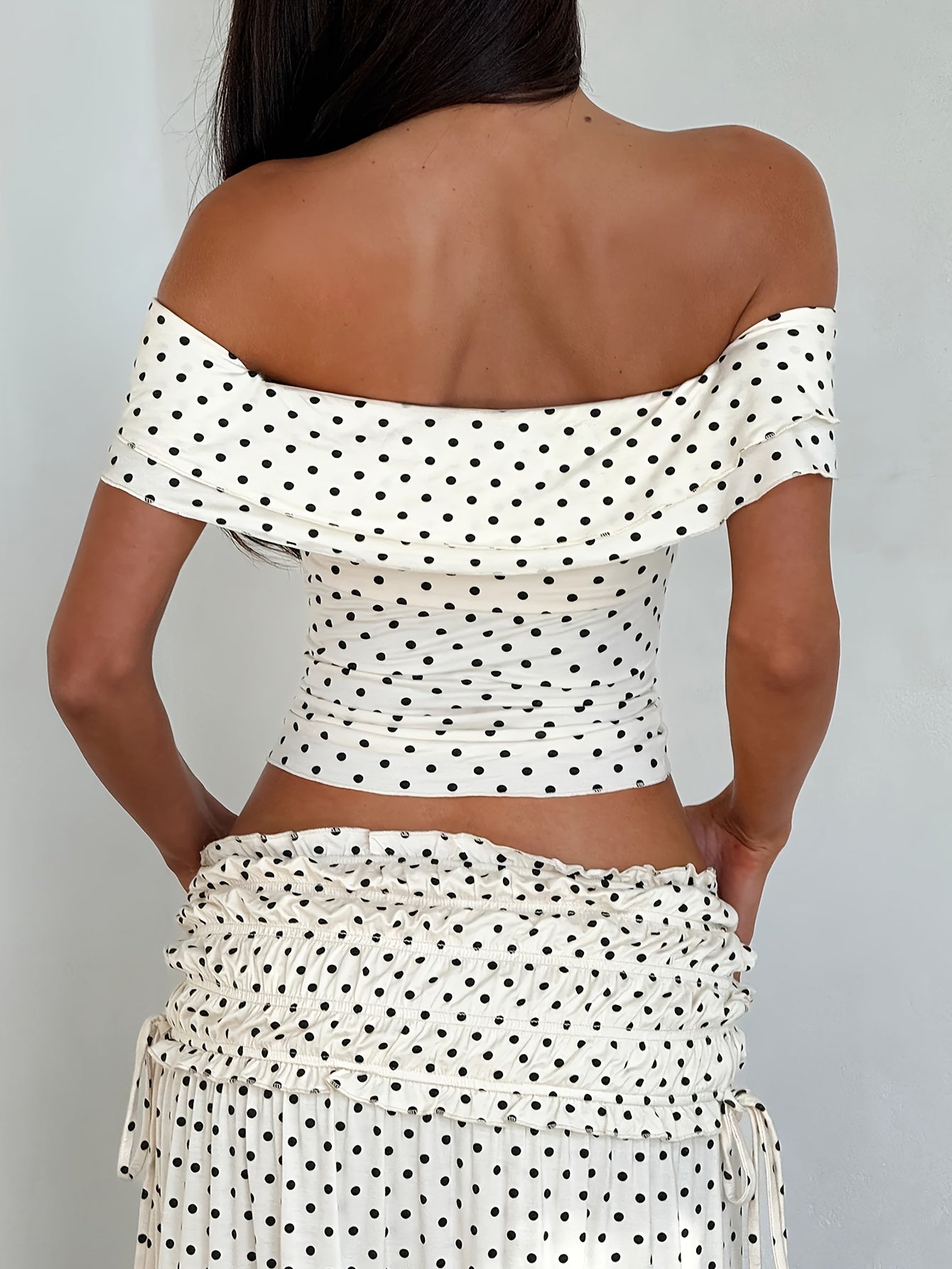 Women's Two Piece Set - Off Shoulder Crop Top and Polka Dot Maxi Skirt