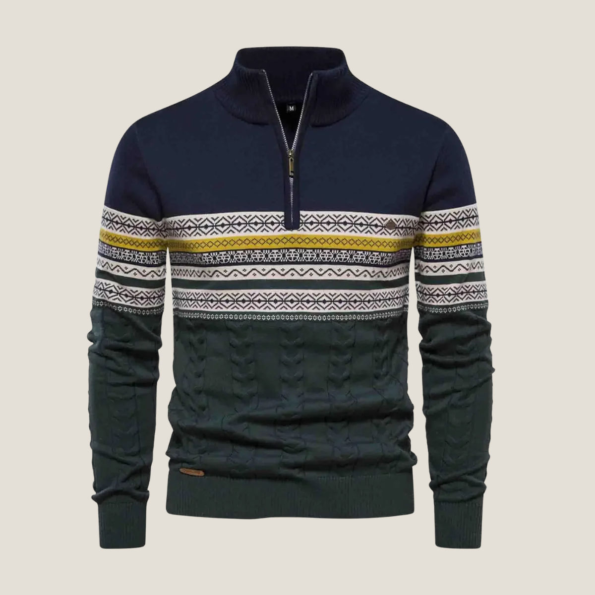 Men’s Jumper – Stand Collar Quarter Zip Knit with Patterned Chest Panel and Ribbed Hem