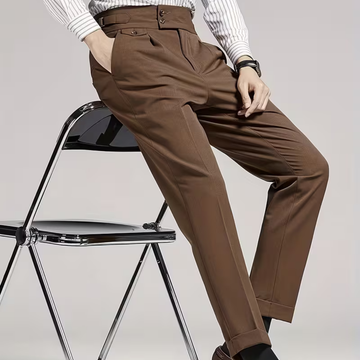 Men's Dress Pants - High Waist Slim Fit with Double Button - Pleated Front and Turn-Up Cuffs