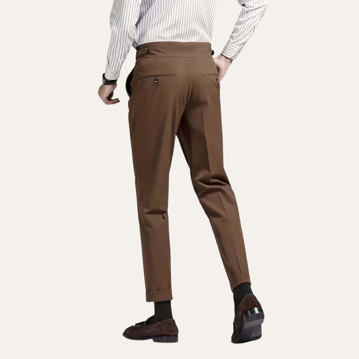 Men's Dress Pants - High Waist Slim Fit with Double Button - Pleated Front and Turn-Up Cuffs