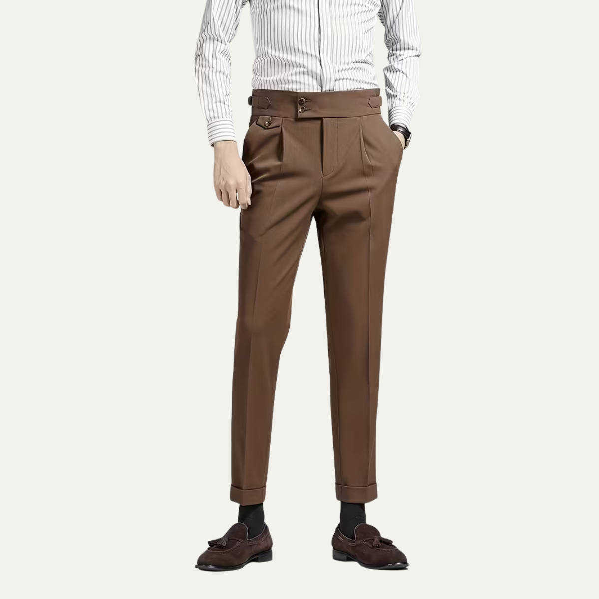 Men's Dress Pants - High Waist Slim Fit with Double Button - Pleated Front and Turn-Up Cuffs