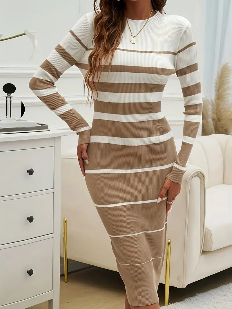 Women's Long Sleeve Midi Dress - Striped Bodycon Crew Neck