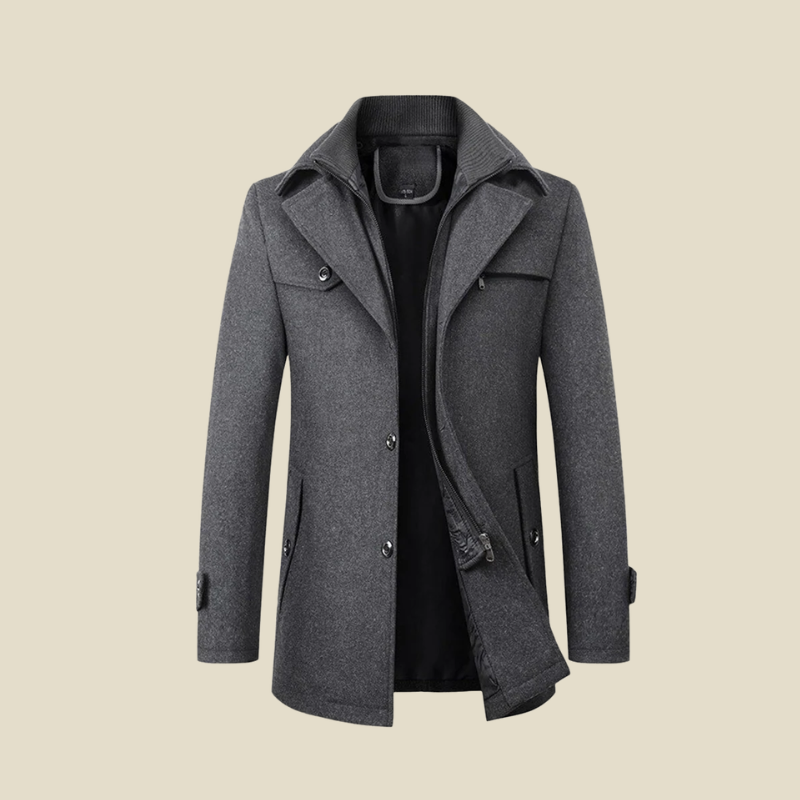 Men's Single Breasted Coat with Knit Inner Collar - Button Front - Lined