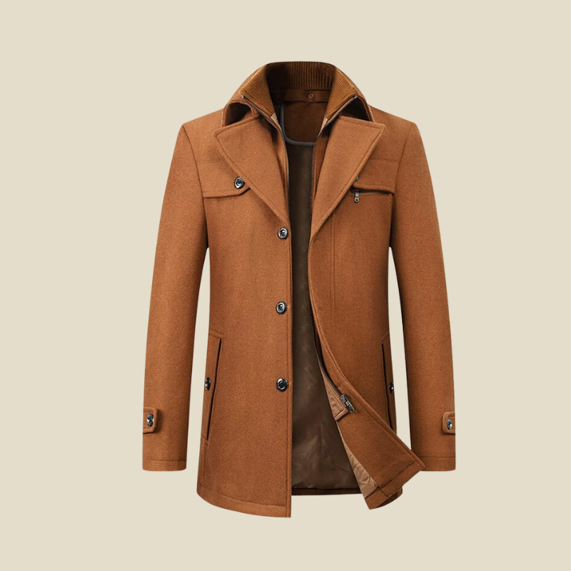 Men's Single Breasted Coat with Knit Inner Collar - Button Front - Lined