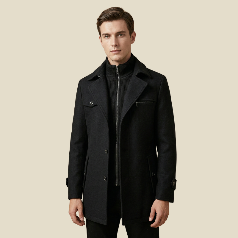 Men's Single Breasted Coat with Knit Inner Collar - Button Front - Lined