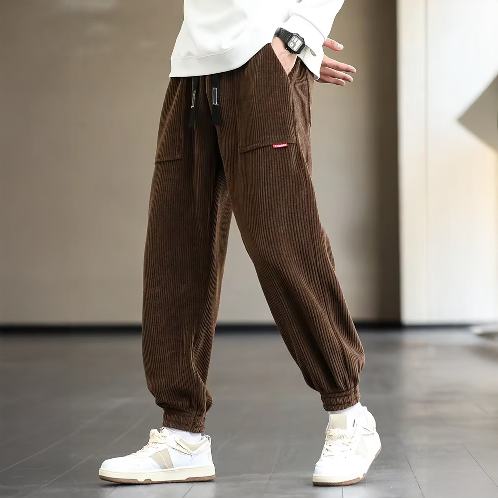 Men's Cargo Pants - Ribbed Jogger with Elasticated Waist - Patch Pockets and Cuffed Ankles