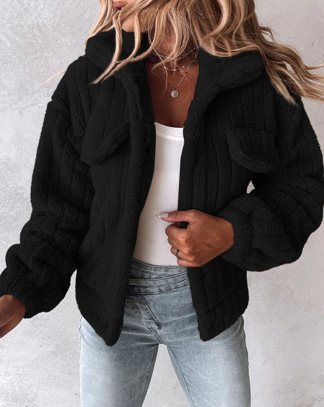 Women's Faux Fur Coat - Cropped Open Front Teddy Fleece with Chest Pockets
