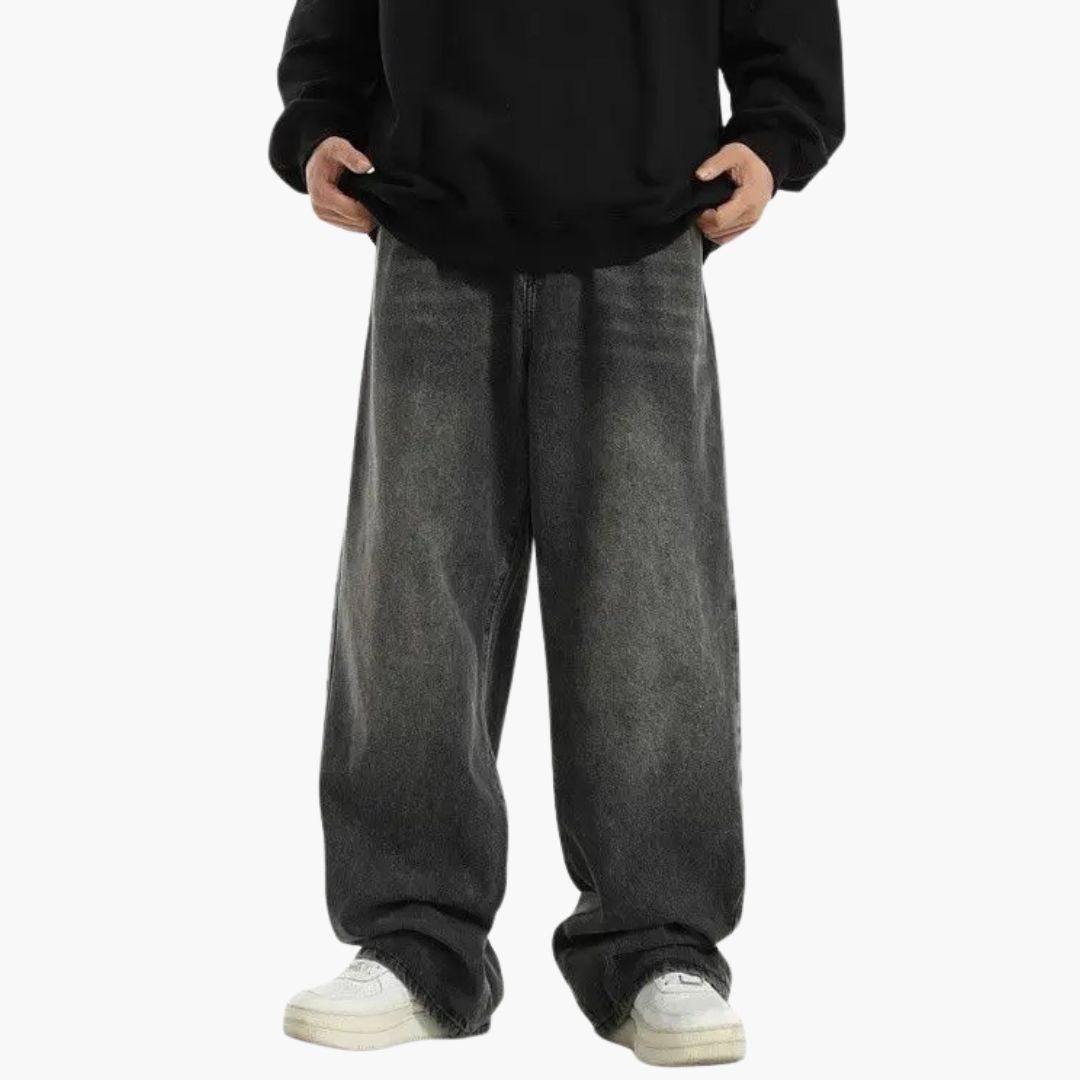 Men's Wide Leg Denim Pants - Baggy Fit with Elasticated Waist and Washed Finish