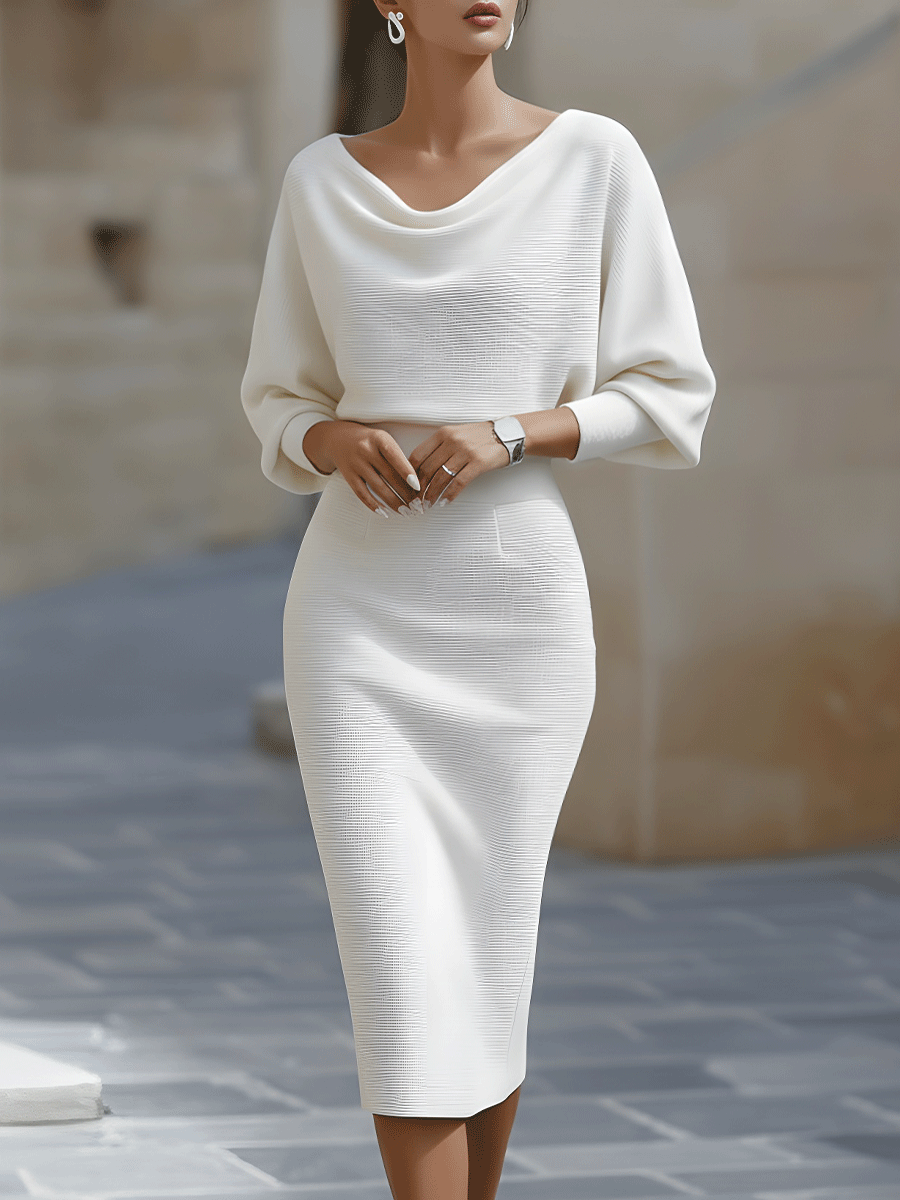 Women's Bodycon Midi Dress - Cowl Neck Batwing Sleeve with Back Zip and Hem Slit