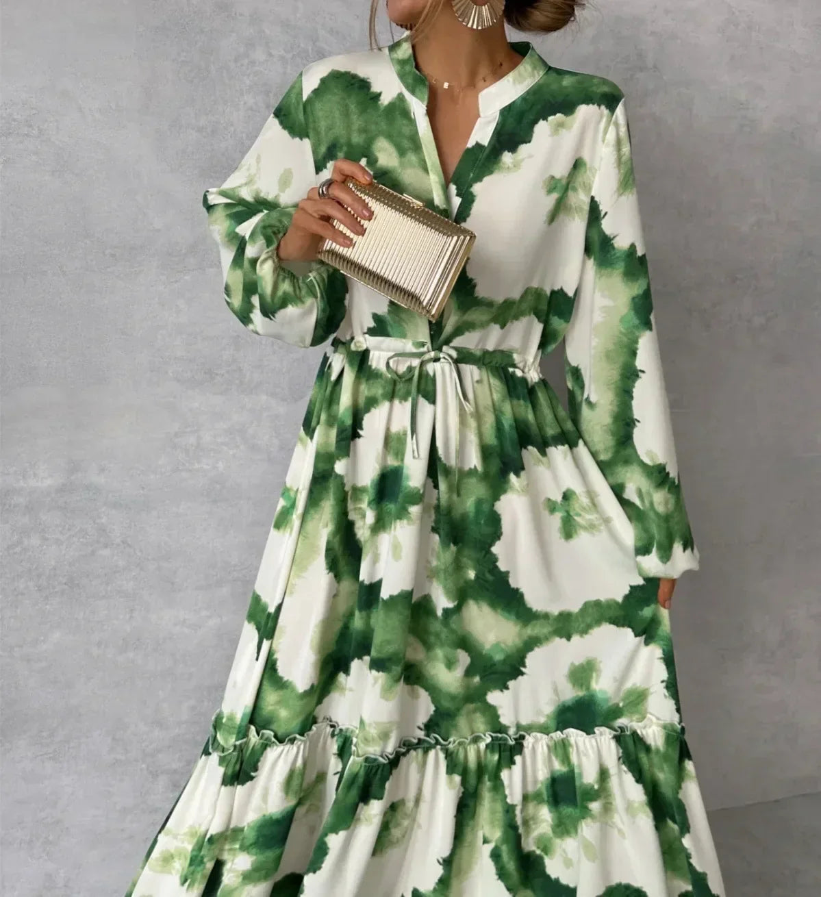 Women's Printed Maxi Dress - V-Neck Long Sleeve Tiered Skirt with Tie Waist
