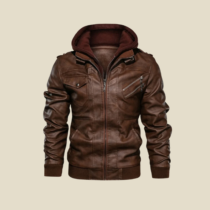 Men's Bomber Jacket - Hooded Biker Style with Multi-Zip Pocket Detail