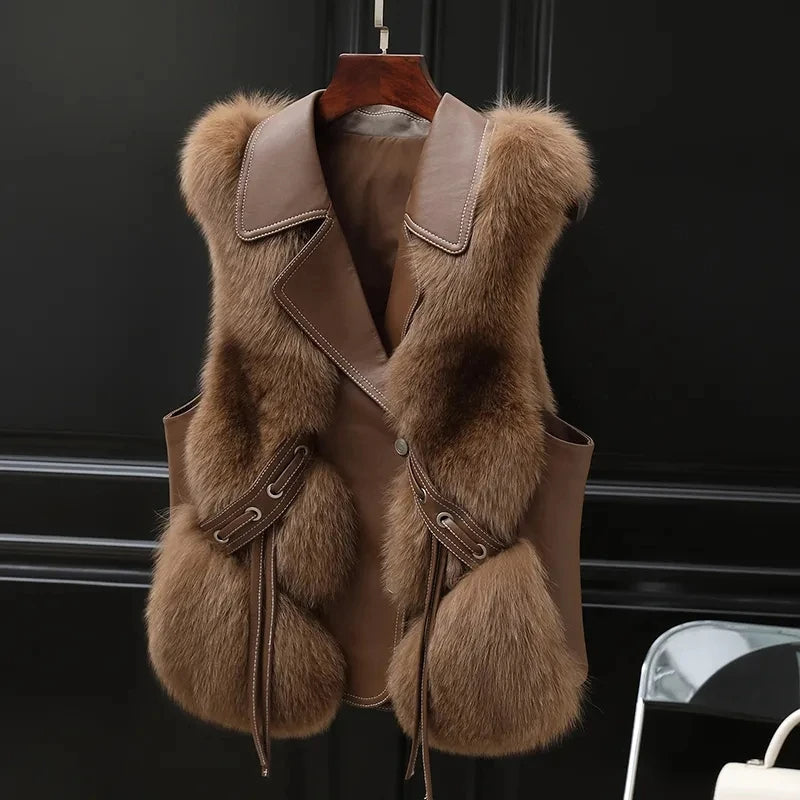 Women’s Faux Fur Trim Gilet – Collared Tie-Side Regular Fit Vest