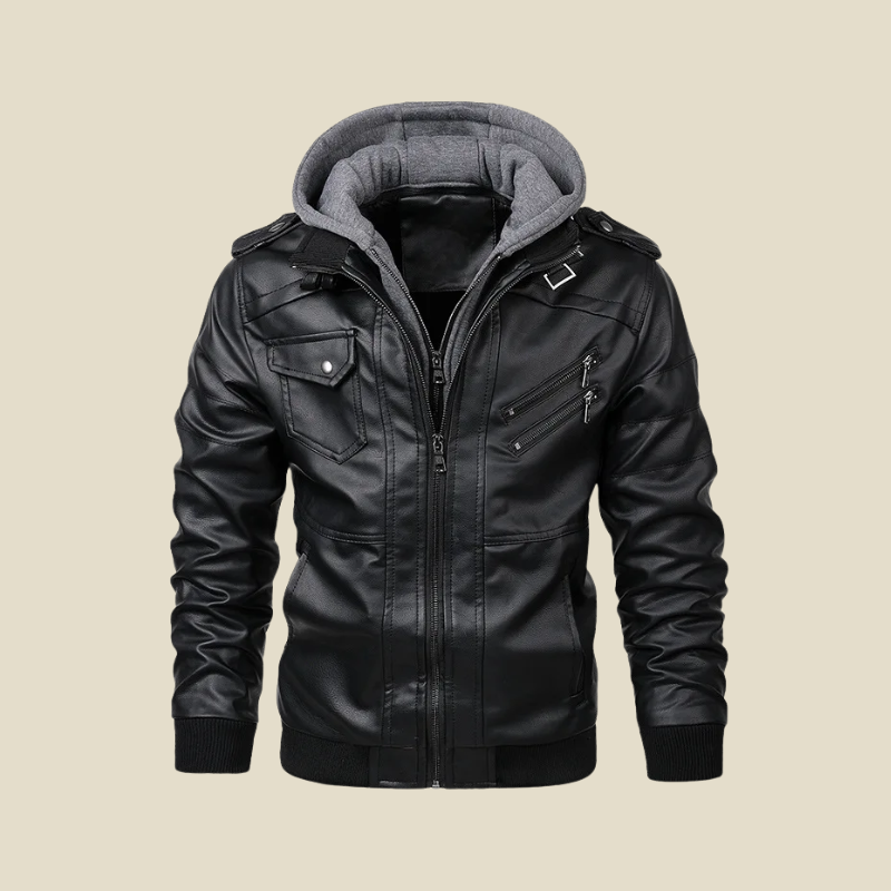 Men's Bomber Jacket - Hooded Biker Style with Multi-Zip Pocket Detail