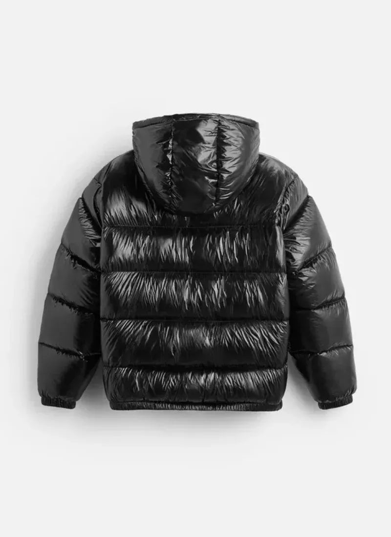 Men's Hooded Puffer Jacket with Glossy Shell - Full Zip - Cropped - Winter Style